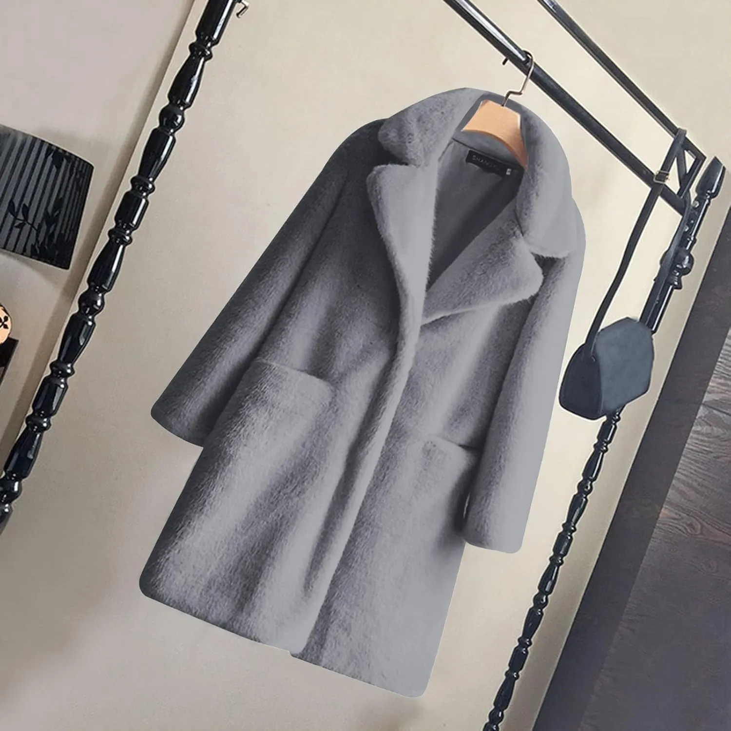 2023 Fuzzy Jackets Women Winter Long Sleeve Warm Button Down Trench Coat Soft Fleece Oversized Outwear with Pocket Overcoat