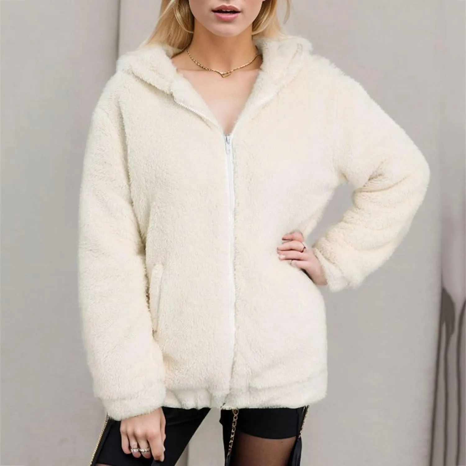 2023 Women Fleece Coats Trendy Winter Warm Jackets Comfort Soft Lightweight Fashion Fuzzy Outerwear Plus Size Zipper Hoodies