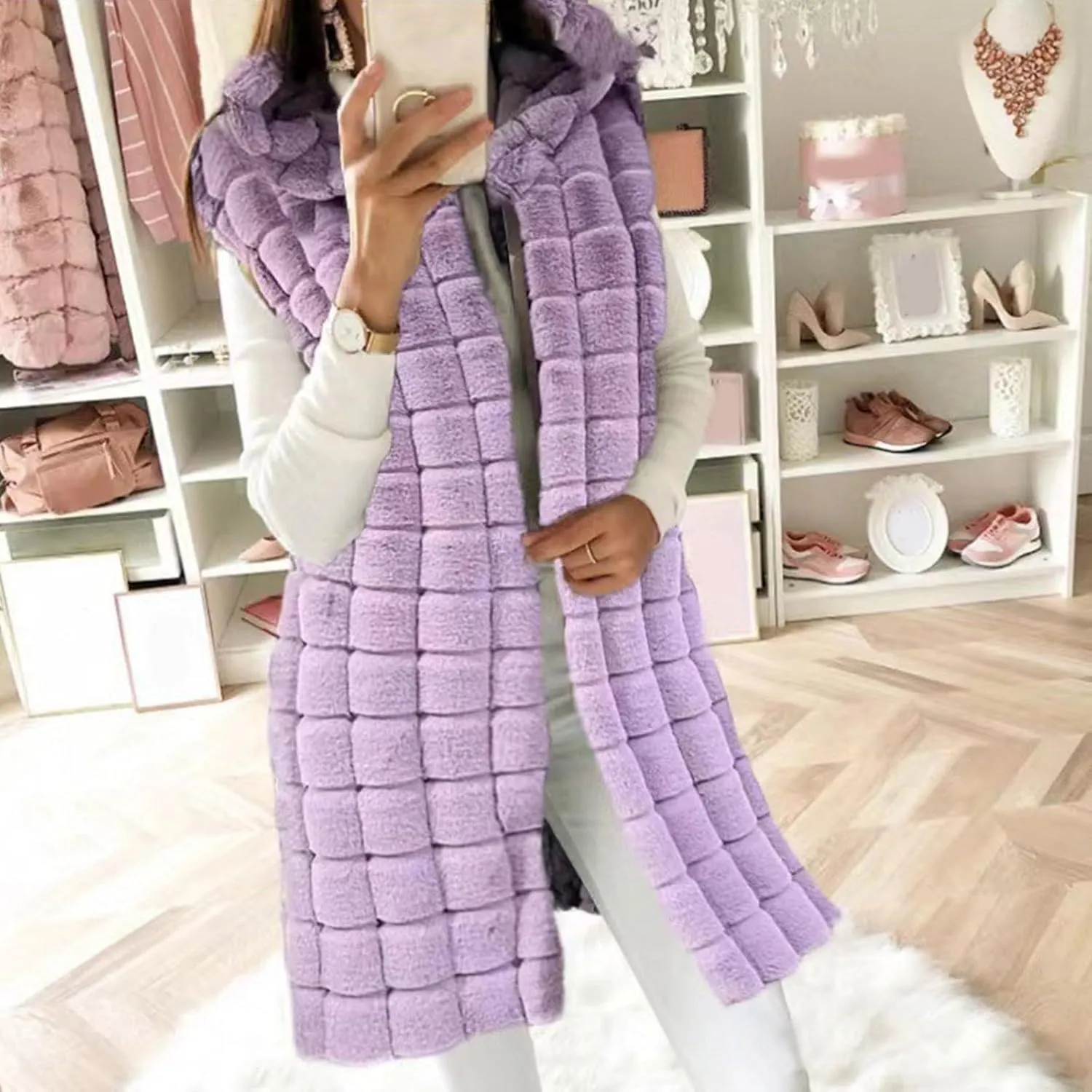 2023 Womens Fall Reversible Puffer Vests Sleeveless Fleece Jacket Zip Up Hoodie Pockets Long Warm Winter Coat Outerwear