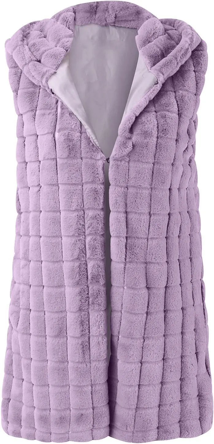 2023 Womens Fall Reversible Puffer Vests Sleeveless Fleece Jacket Zip Up Hoodie Pockets Long Warm Winter Coat Outerwear