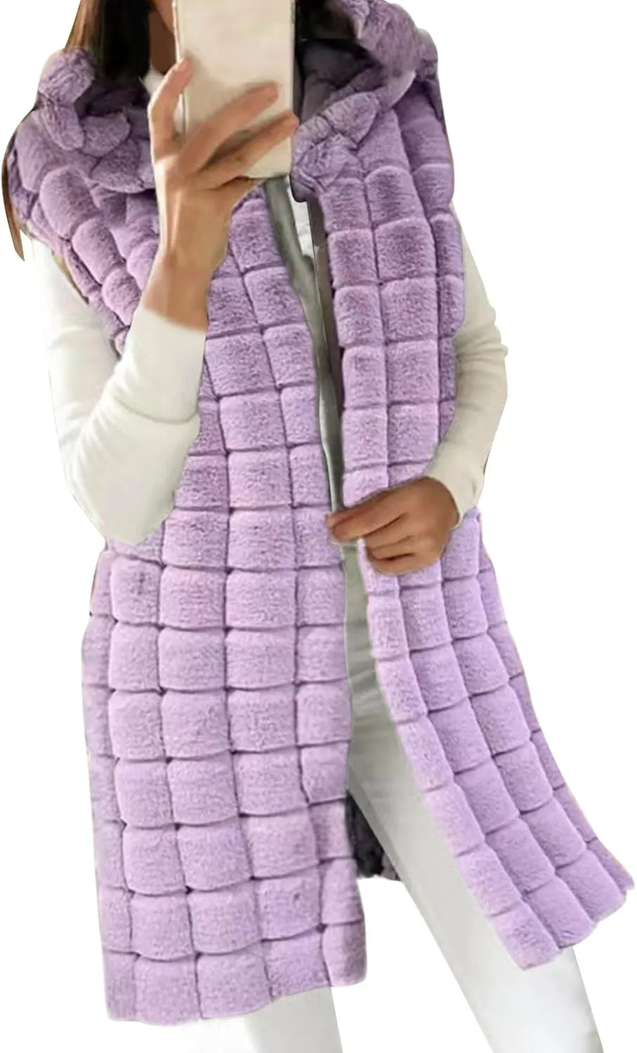 2023 Womens Fall Reversible Puffer Vests Sleeveless Fleece Jacket Zip Up Hoodie Pockets Long Warm Winter Coat Outerwear