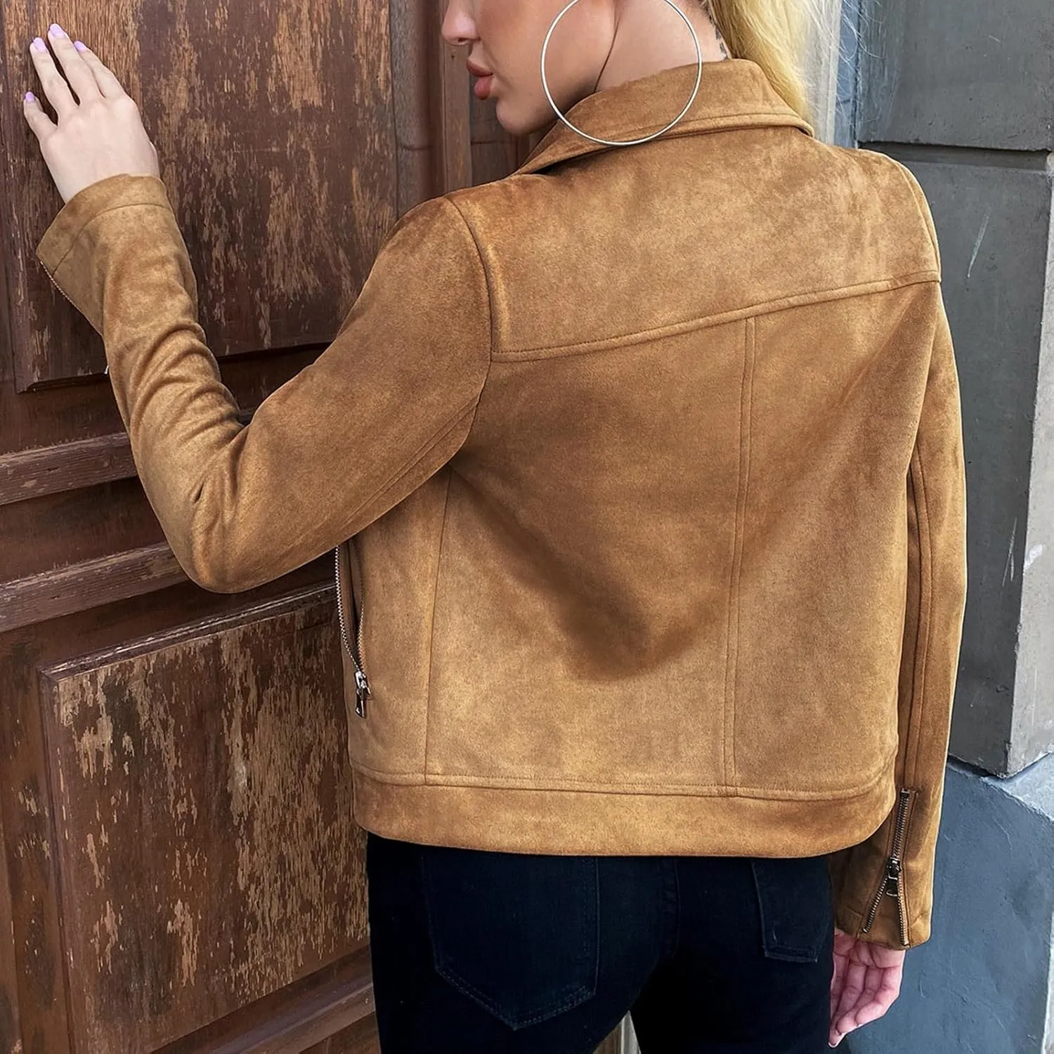 2023 Womens Trendy Coats Fall Biker Moto Jacket Fashion Long Sleeve Zipper Short Casual Coat Streetwear Cropped Outwear