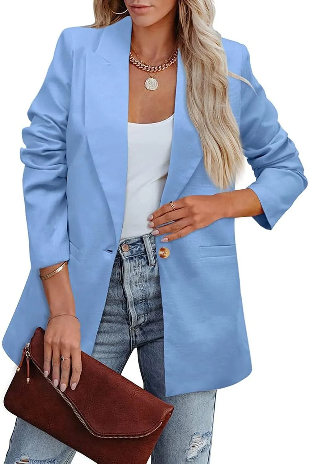 2024 Fall Business Blazers for Women Casual Solid Open Front Blazer Jackets Lapel Button Blazer Coat with Pockets