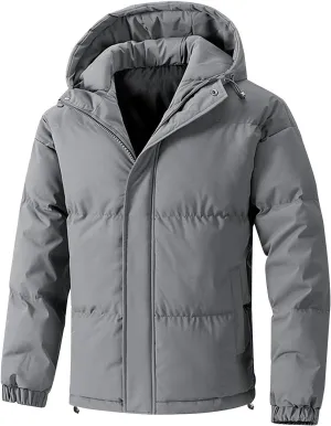 Big and Tall Winter Puffer Jackets for Men Hooded Zip Up Elastic Cuff Long Sleeve Padded Down Warm Coat with Pockets
