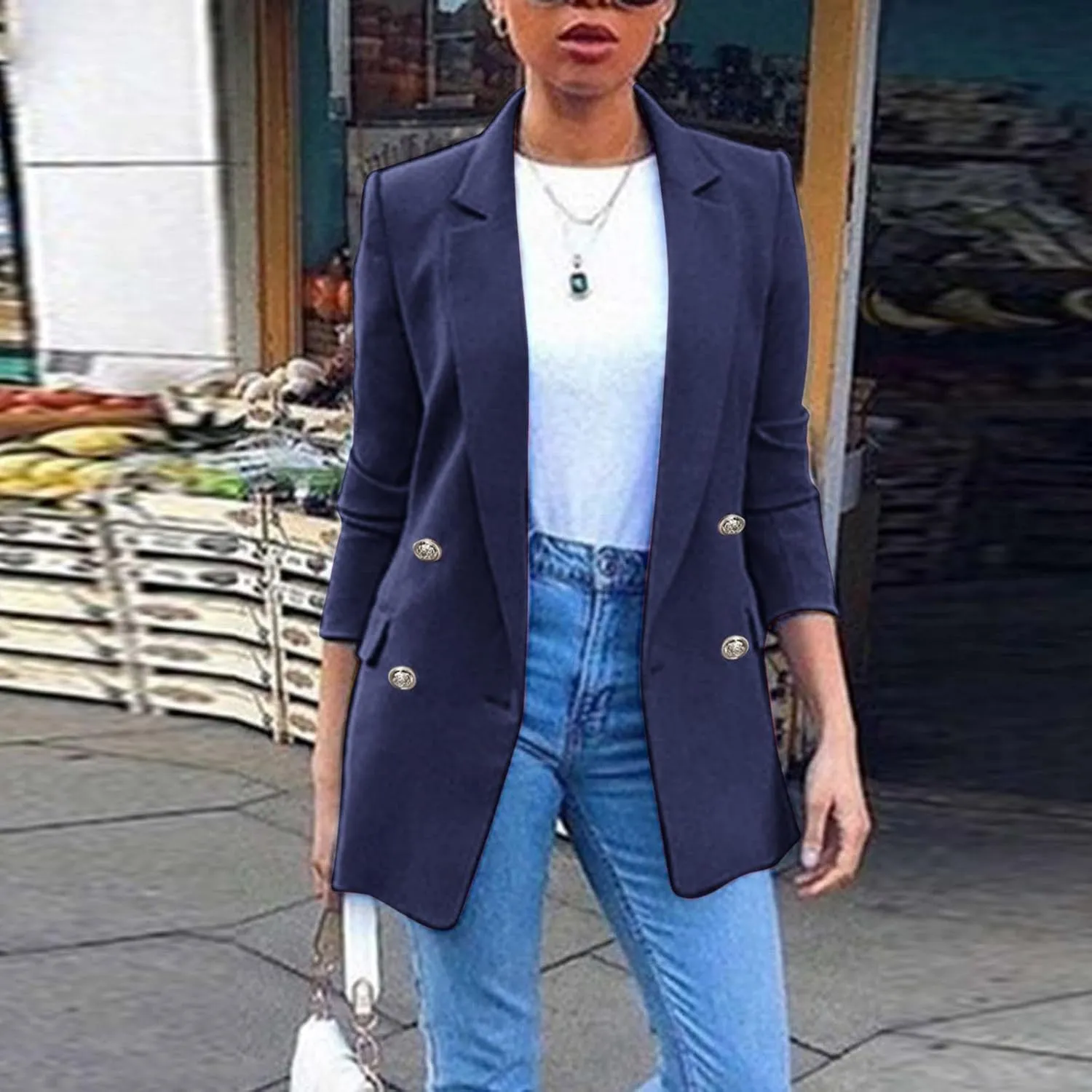 Blazer for Women Button 3/4 Sleeve Pocket Lapel Elegant Trendy Comfortable Solid Color Stylish Suit Jackets