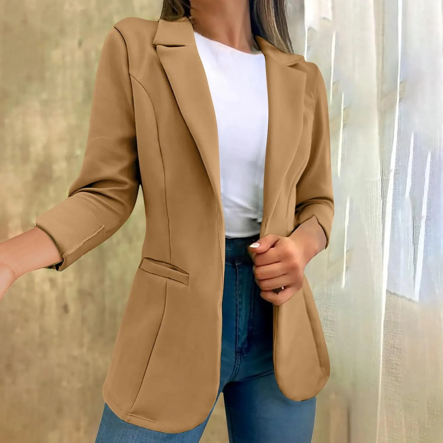 Blazer for Women Lapel 3/4 Sleeve Pocket Elegant Temperament Casual Business Outdoor Solid Color Dressy Suit Jackets