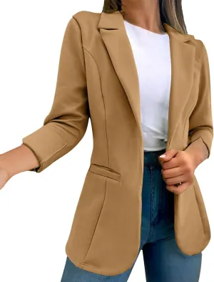 Blazer for Women Lapel 3/4 Sleeve Pocket Elegant Temperament Casual Business Outdoor Solid Color Dressy Suit Jackets