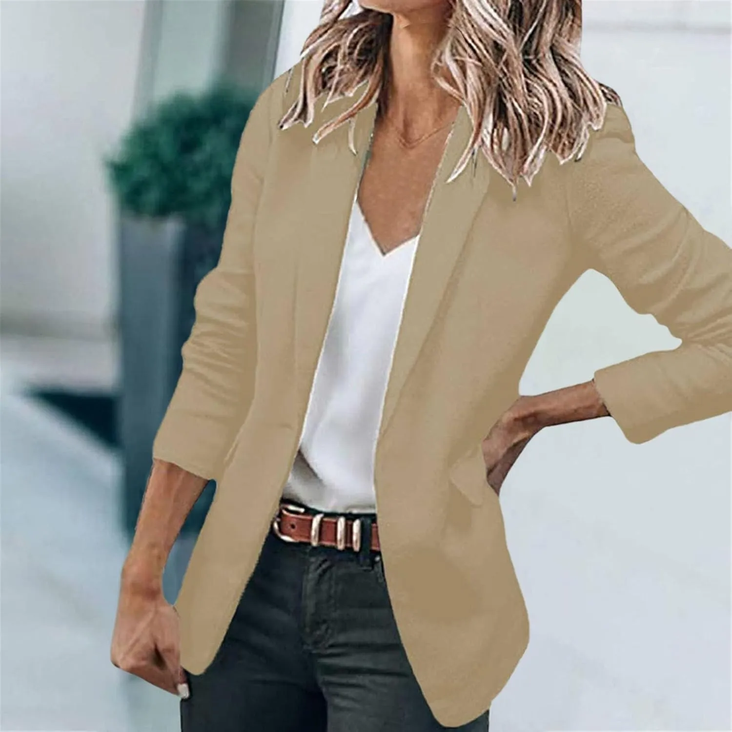 Blazer for Women Lapel 3/4 Sleeve Pocket Elegant Temperament Elegant Trendy Comfortable Solid Color Dressy Work Suit
