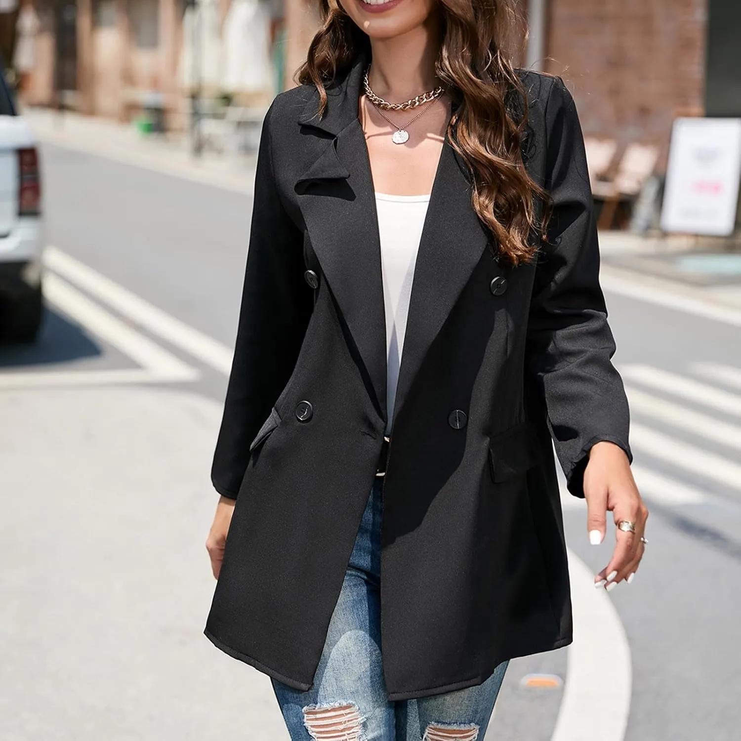 Blazer Jackets for Women Dressy Casual Long Sleeve Work Office Suit Jackets Open Front Double Breasted Lapel Jackets