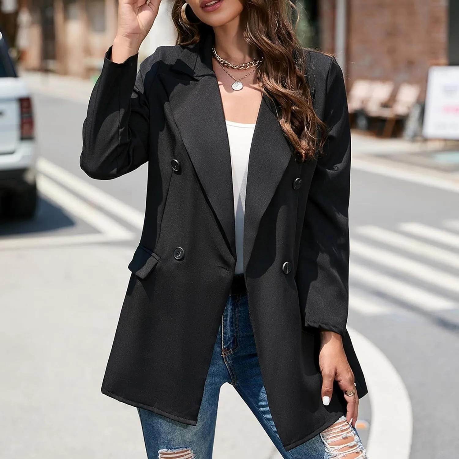 Blazer Jackets for Women Dressy Casual Long Sleeve Work Office Suit Jackets Open Front Double Breasted Lapel Jackets