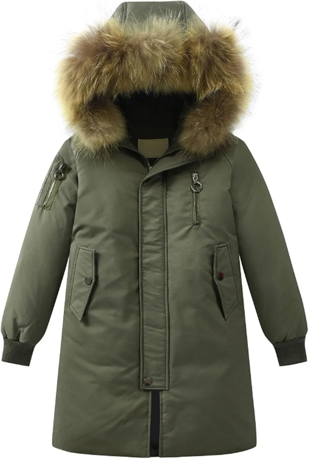 Boys Girls Long Winter Warm Puffer Down Coat Kids Faux Furry Hooded Down Jacket Outerwear Windproof Down (AG, 7-8 Years)
