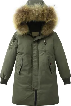 Boys Girls Long Winter Warm Puffer Down Coat Kids Faux Furry Hooded Down Jacket Outerwear Windproof Down (AG, 7-8 Years)