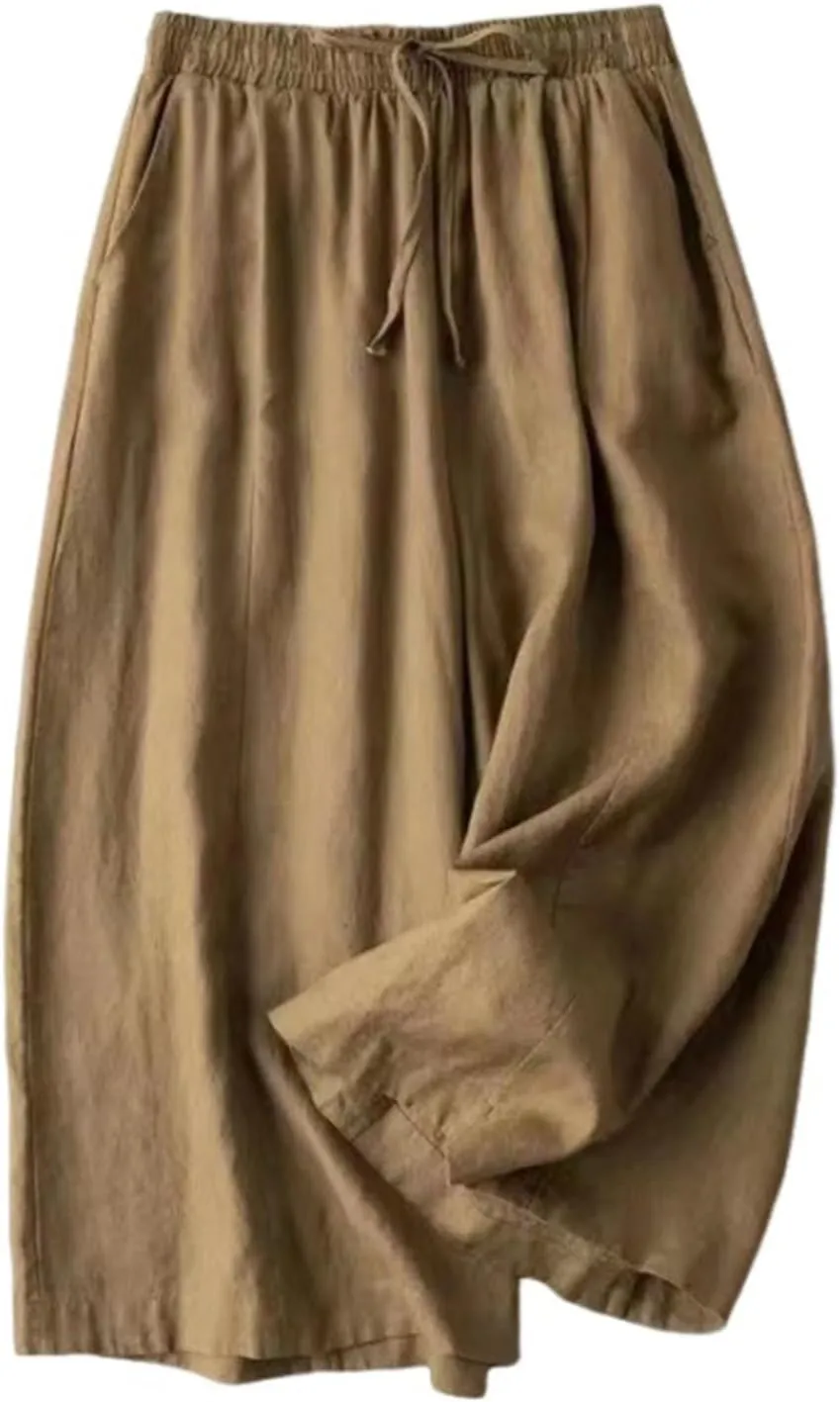 Capri Pants for Women Flowy Beach Pants Summer Elastic Pants Linen Palazzo Pants Workout Soft Pants Trousers