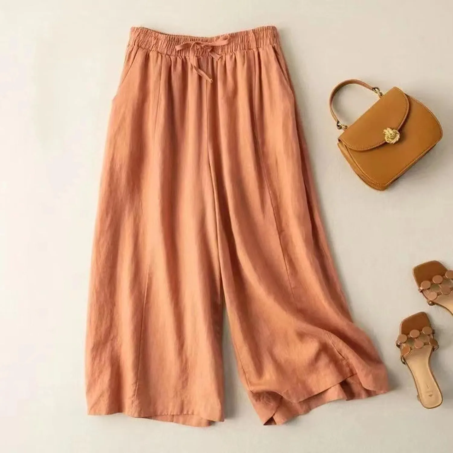 Capri Pants for Women Flowy Beach Pants Summer Elastic Pants Linen Palazzo Pants Workout Soft Pants Trousers