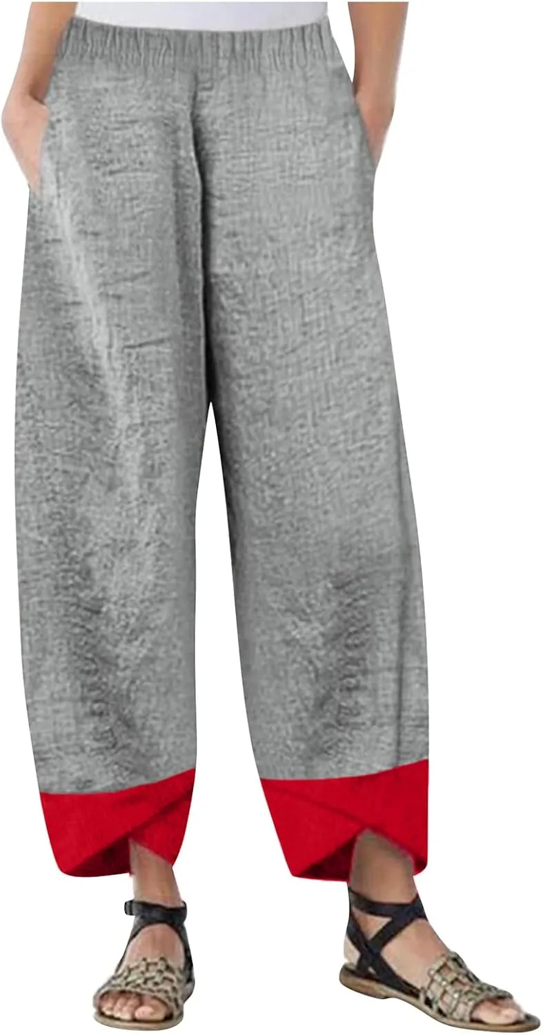 Capri Pants for Women Spring Summer High Waisted Cotton Linen Straight Baggy Cropped Palazzo Trousers for Beach