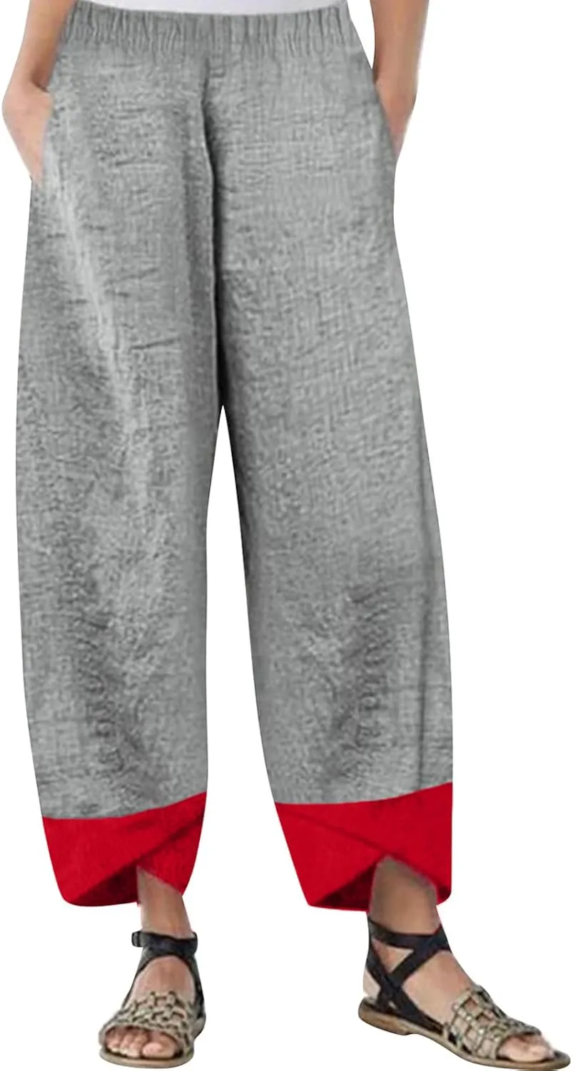 Capri Pants for Women Spring Summer High Waisted Cotton Linen Straight Baggy Cropped Palazzo Trousers for Beach