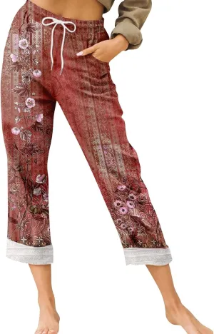 Capris Pants for Women Cotton Linen Summer Casual Loose Straight Wide Leg Loose Drawstring Vacation Cropped Shorts