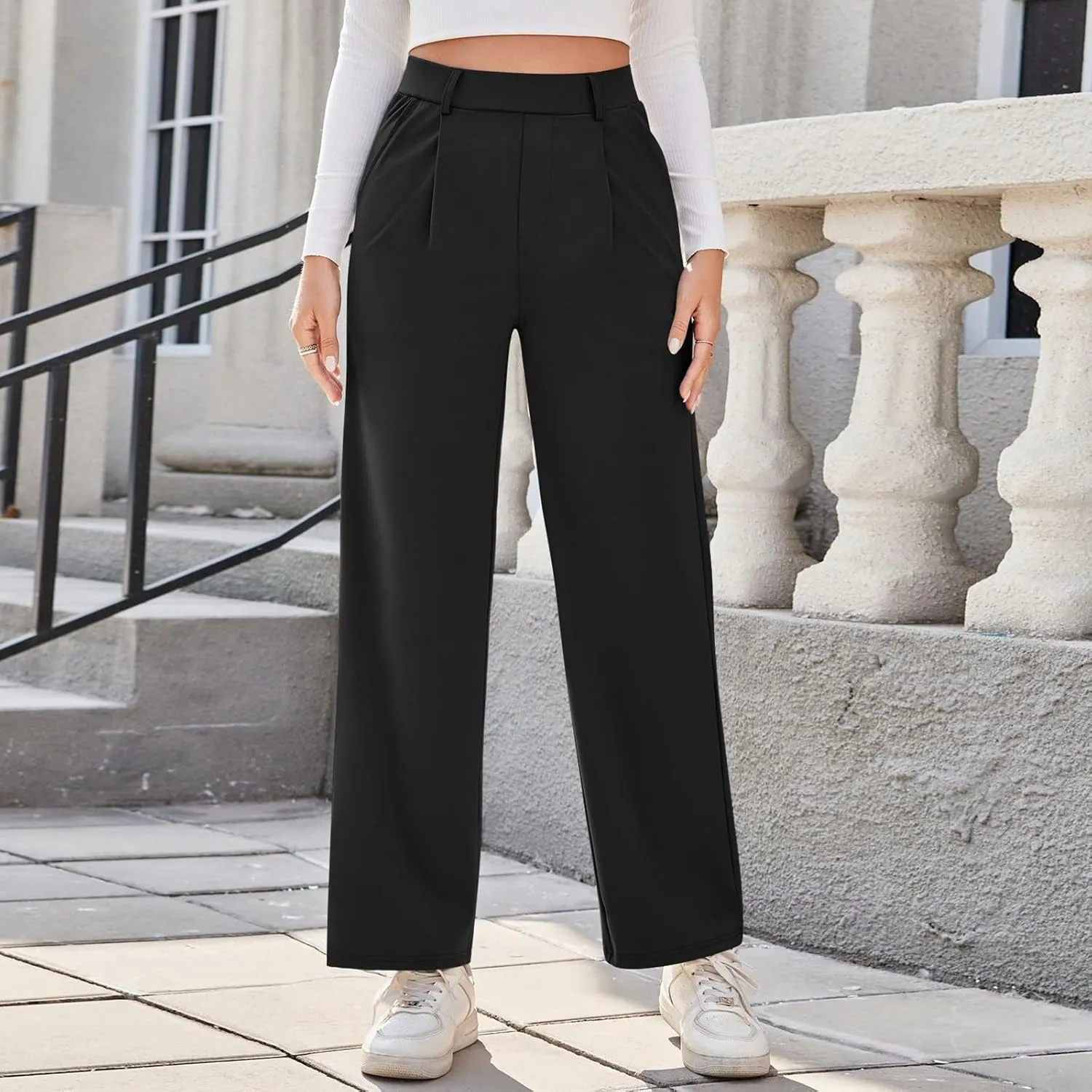 Casual High Waisted Pleated Dress Pants for Women Wide Straight Leg Business Outfits 2025 Office Baggy Trousers with Pockets