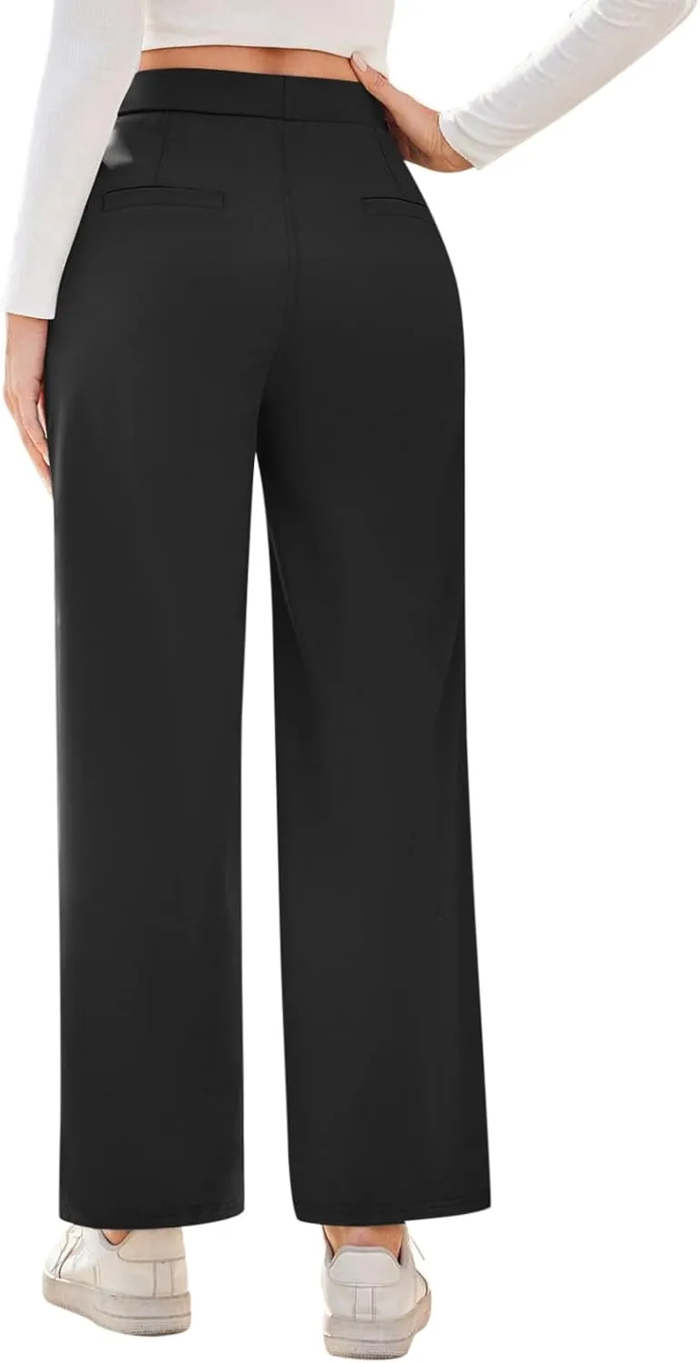 Casual High Waisted Pleated Dress Pants for Women Wide Straight Leg Business Outfits 2025 Office Baggy Trousers with Pockets