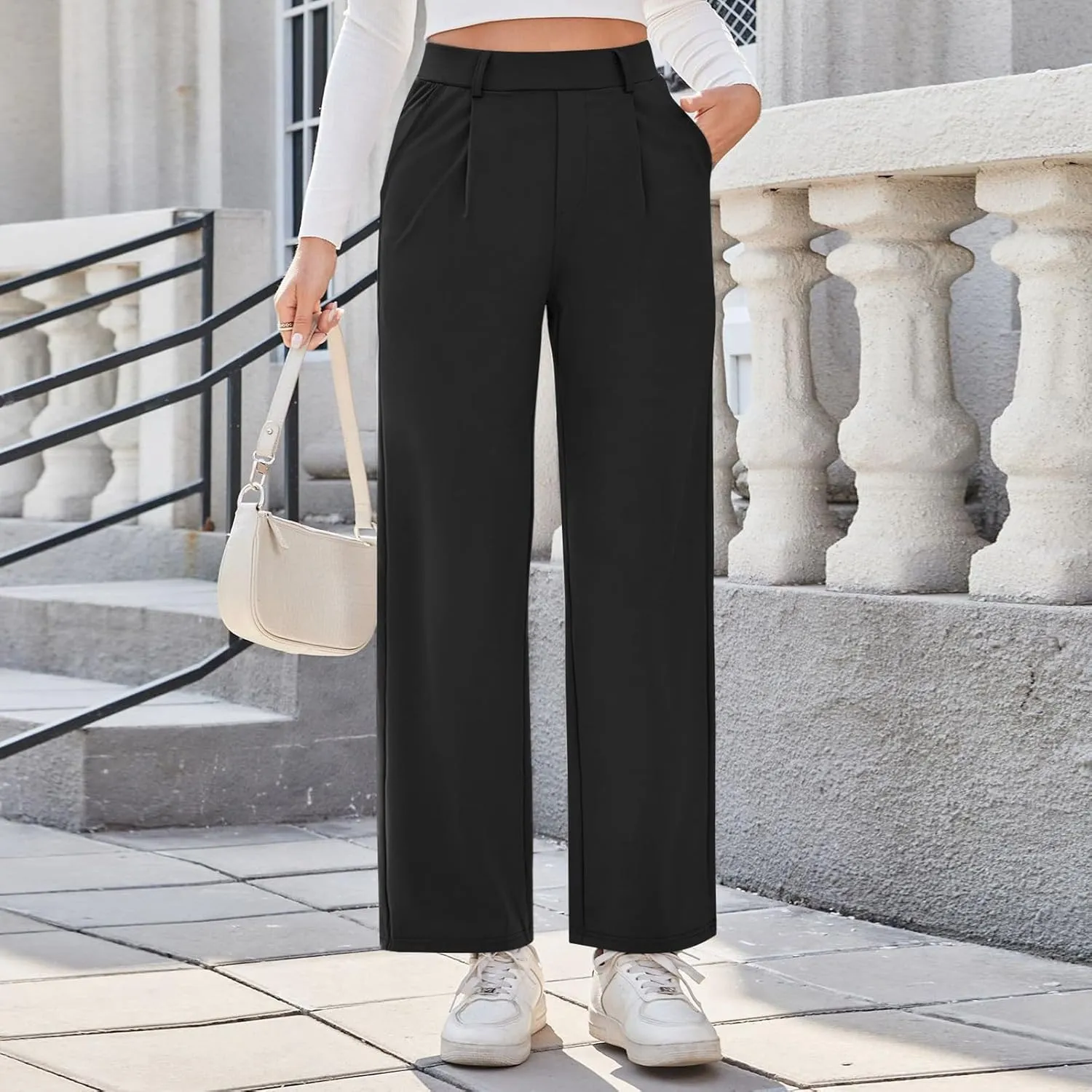 Casual High Waisted Pleated Dress Pants for Women Wide Straight Leg Business Outfits 2025 Office Baggy Trousers with Pockets