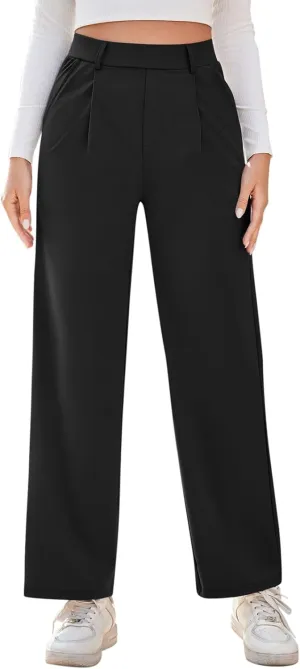 Casual High Waisted Pleated Dress Pants for Women Wide Straight Leg Business Outfits 2025 Office Baggy Trousers with Pockets