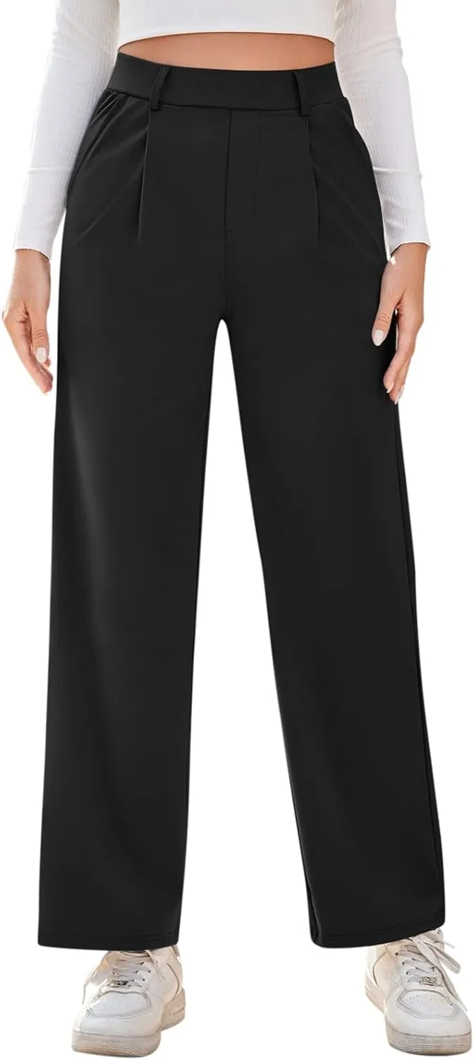 Casual High Waisted Pleated Dress Pants for Women Wide Straight Leg Business Outfits 2025 Office Baggy Trousers with Pockets