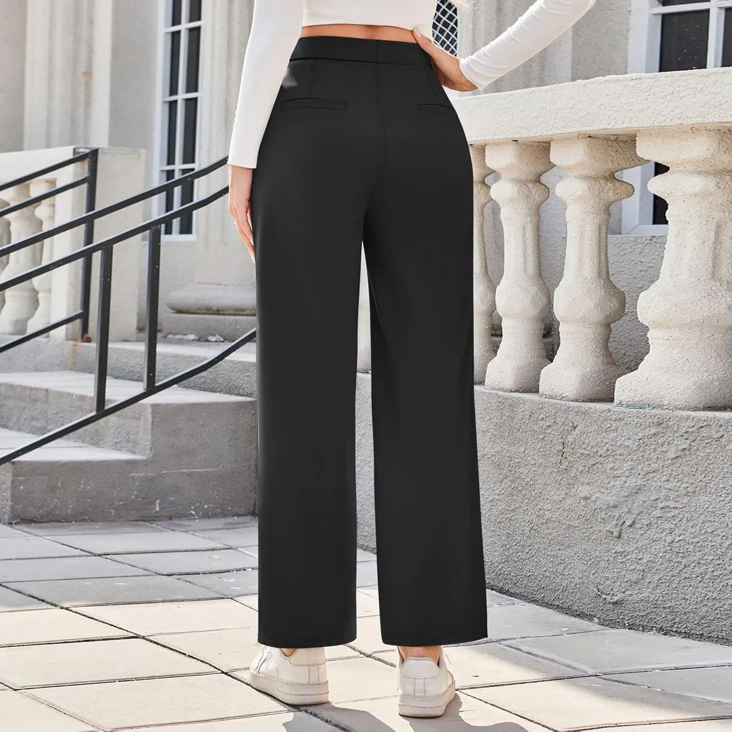Casual High Waisted Pleated Dress Pants for Women Wide Straight Leg Business Outfits 2025 Office Baggy Trousers with Pockets