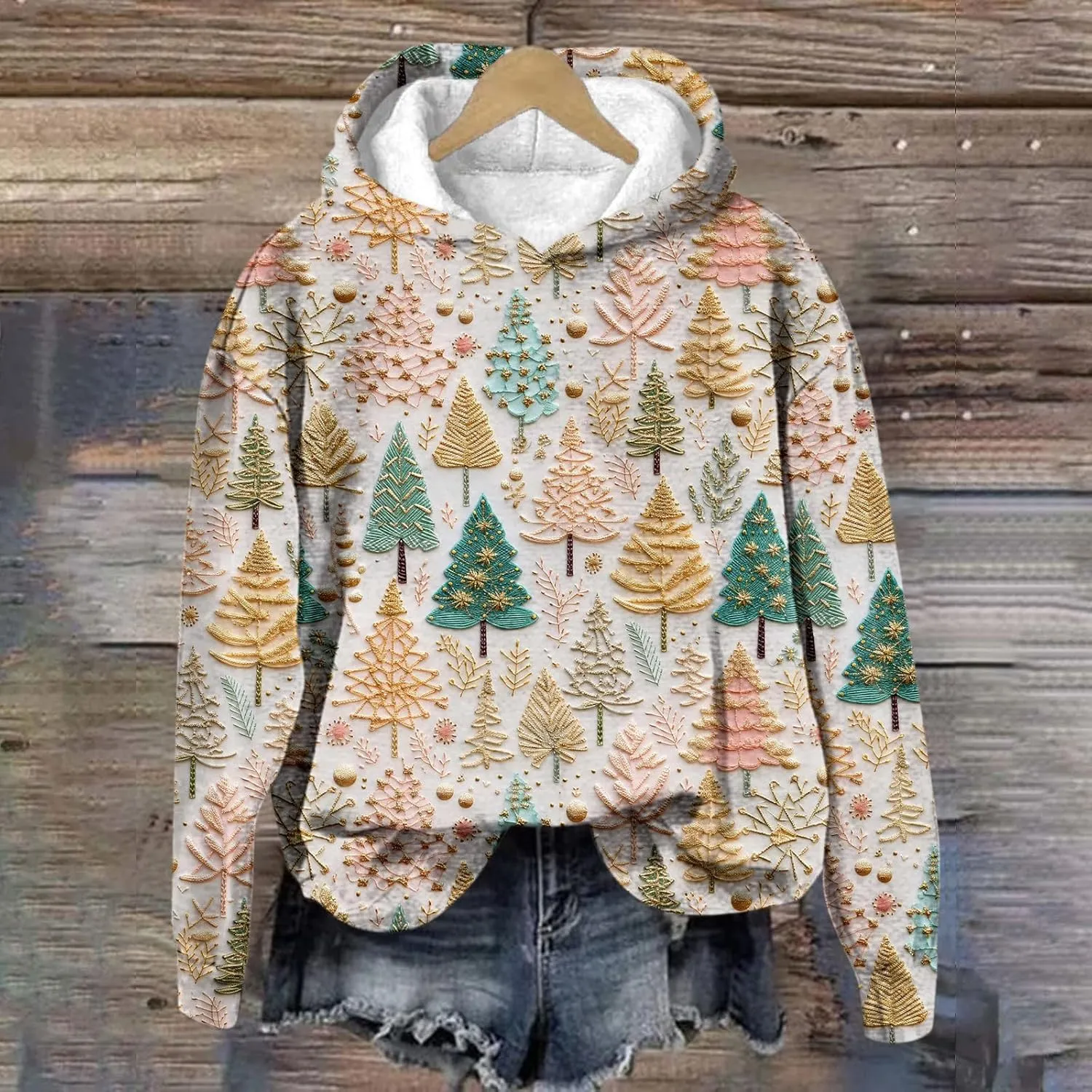 Christmas Hooded Jackets for Women Cute Graphic Santa Claus Printed 3D Sweatshirt Long Sleeve V Neck Pullover Coats