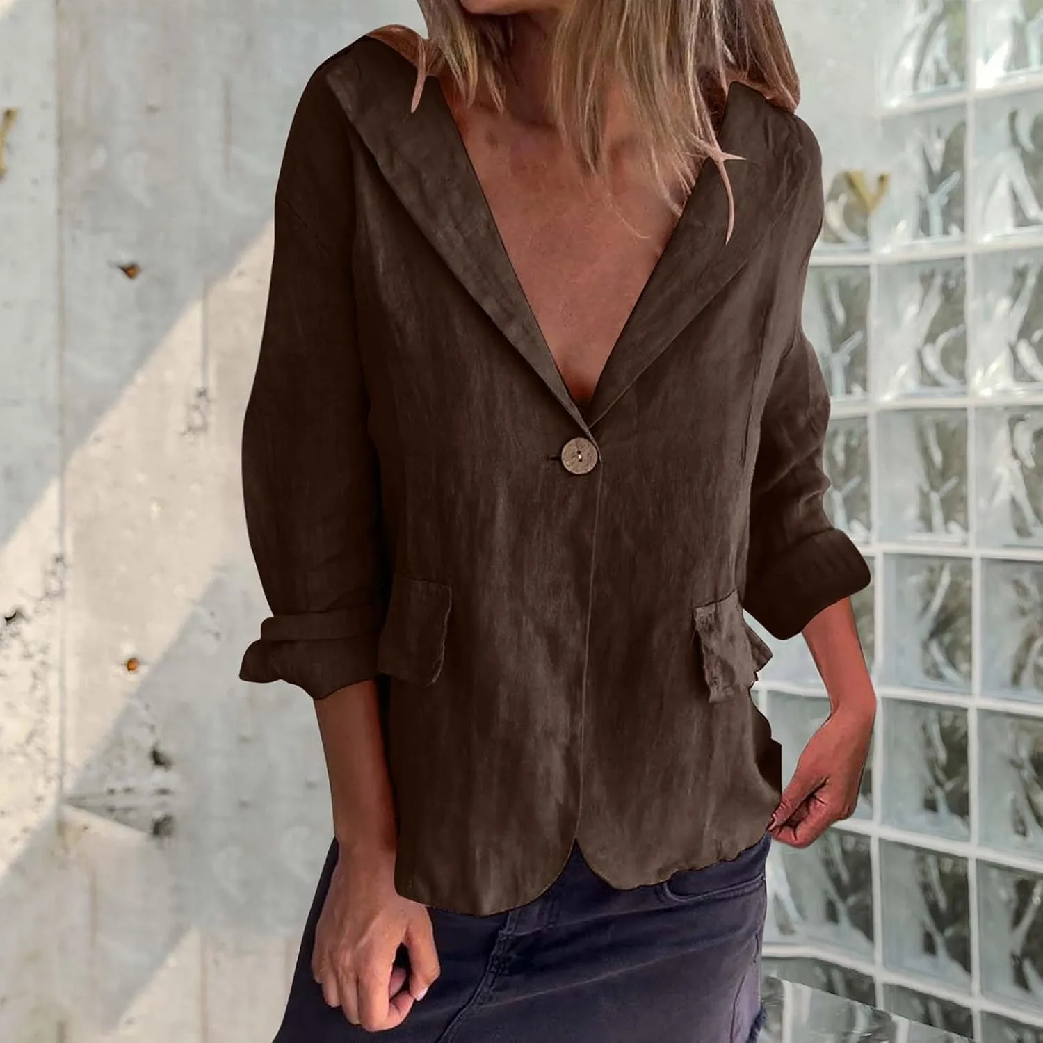 Cotton Linen Blazer for Womens Casual Long Sleeve Button Front Lapel Jackets Loose Lightweight Suit Jackets Blazer