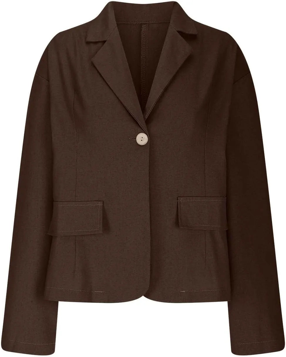 Cotton Linen Blazer for Womens Casual Long Sleeve Button Front Lapel Jackets Loose Lightweight Suit Jackets Blazer