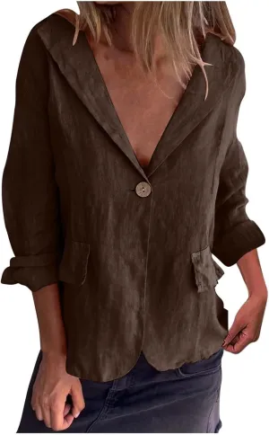 Cotton Linen Blazer for Womens Casual Long Sleeve Button Front Lapel Jackets Loose Lightweight Suit Jackets Blazer