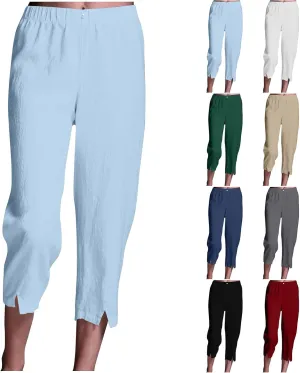 Cotton Linen Capri Pants Women 3/4 Length Leggings Elastic Waistband Cropped Trousers Ladies Straight Leg Pant