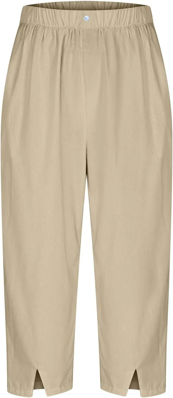 Cotton Linen Capri Pants Women 3/4 Length Leggings Elastic Waistband Cropped Trousers Ladies Straight Leg Pant