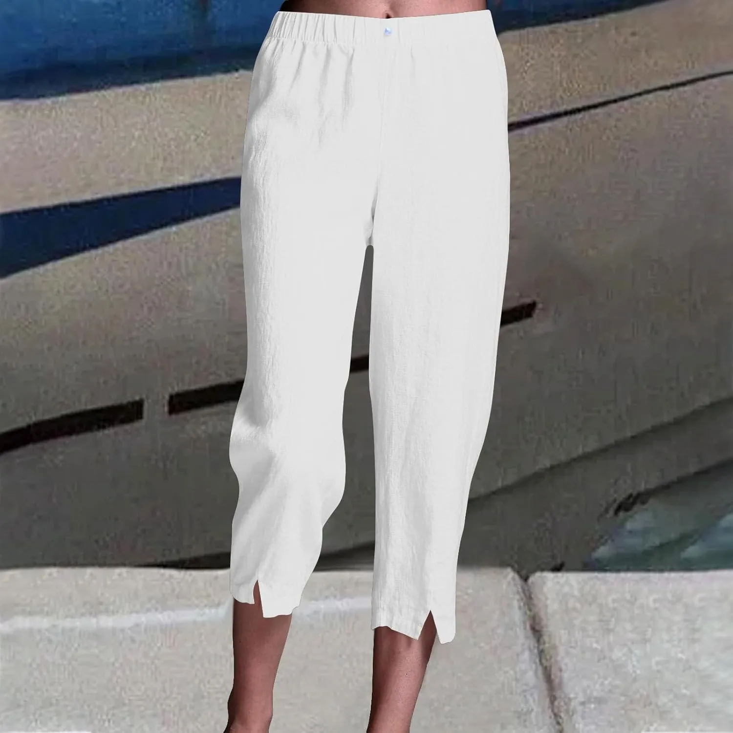 Cotton Linen Capri Pants Women 3/4 Length Leggings Elastic Waistband Cropped Trousers Ladies Straight Leg Pant
