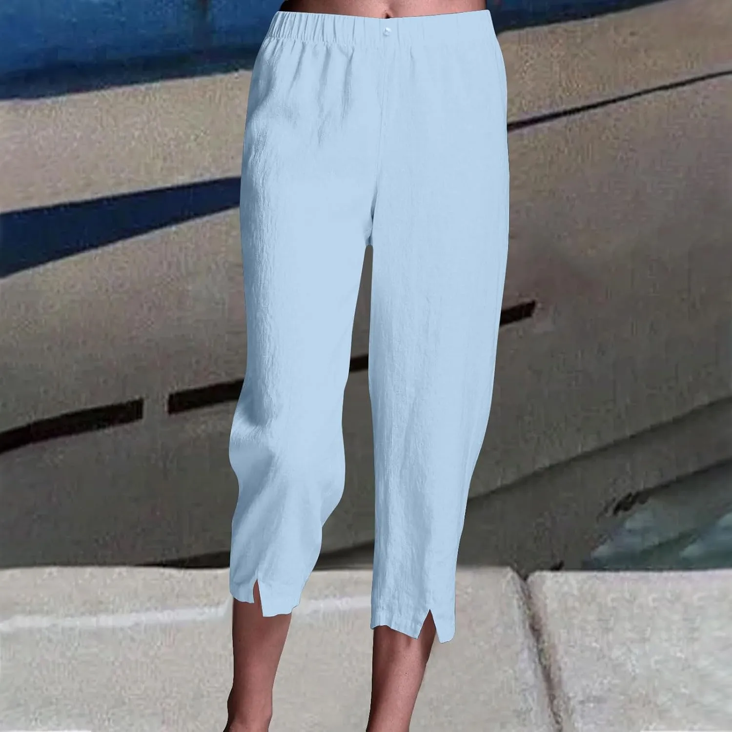 Cotton Linen Capri Pants Women 3/4 Length Leggings Elastic Waistband Cropped Trousers Ladies Straight Leg Pant