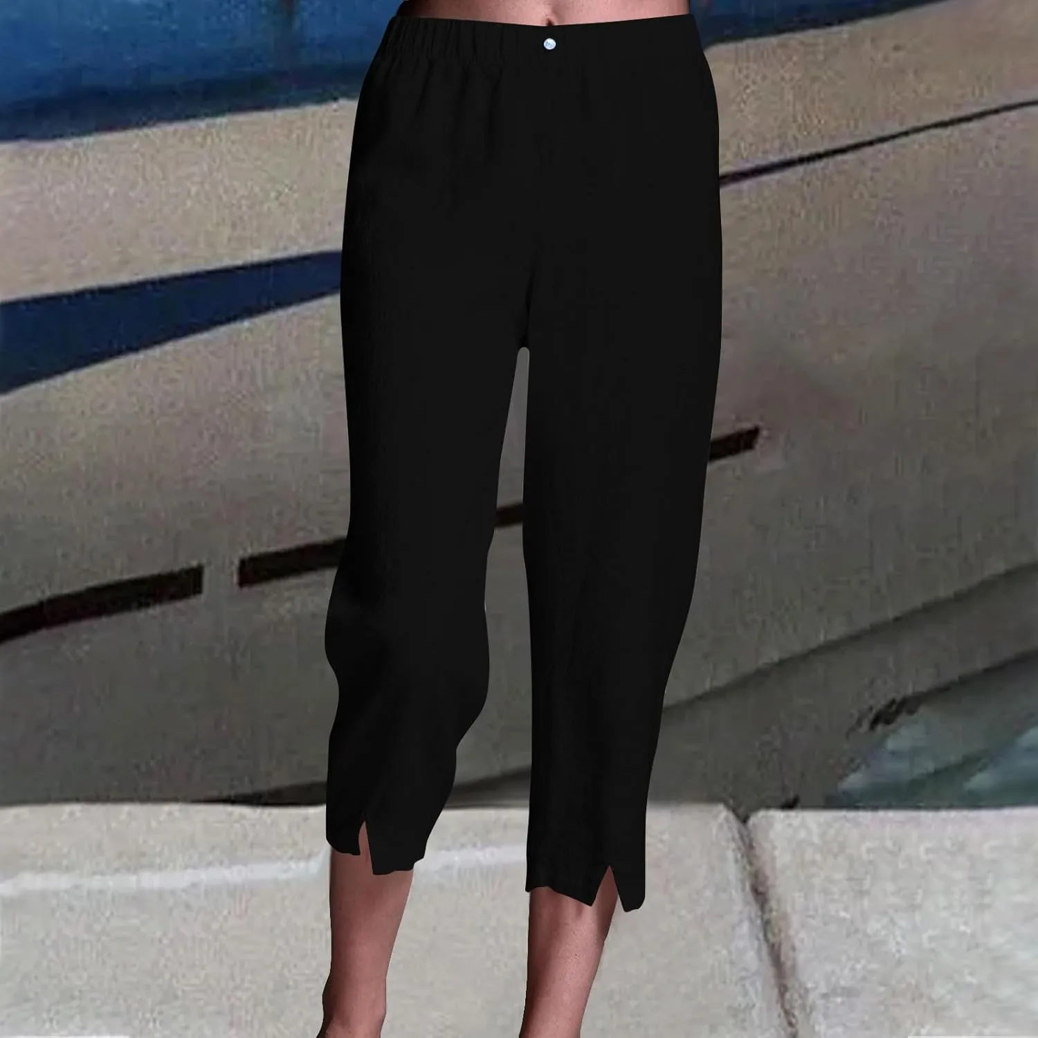 Cotton Linen Capri Pants Women 3/4 Length Leggings Elastic Waistband Cropped Trousers Ladies Straight Leg Pant