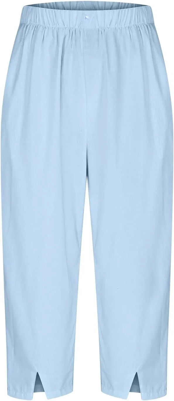 Cotton Linen Capri Pants Women 3/4 Length Leggings Elastic Waistband Cropped Trousers Ladies Straight Leg Pant