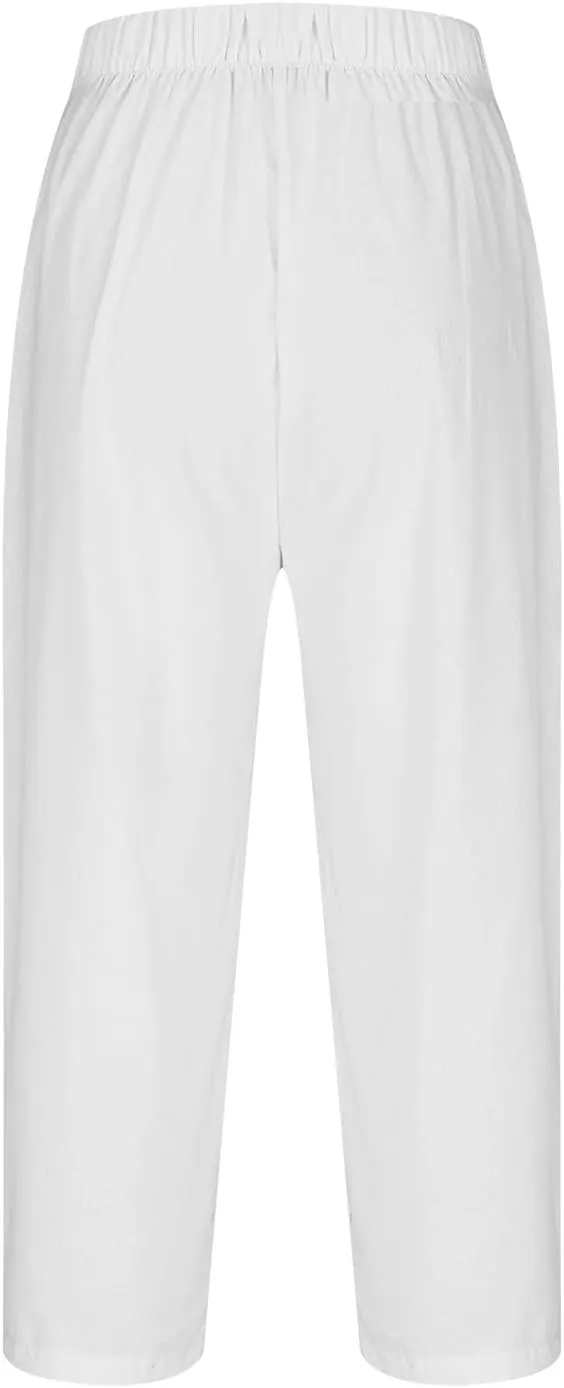 Cotton Linen Capri Pants Women 3/4 Length Leggings Elastic Waistband Cropped Trousers Ladies Straight Leg Pant