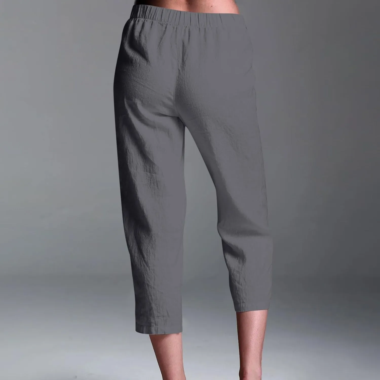 Cotton Linen Capri Pants Women 3/4 Length Leggings Elastic Waistband Cropped Trousers Ladies Straight Leg Pant