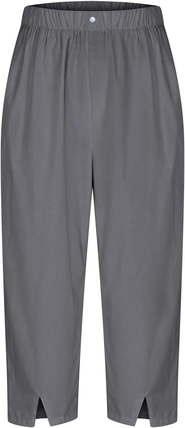 Cotton Linen Capri Pants Women 3/4 Length Leggings Elastic Waistband Cropped Trousers Ladies Straight Leg Pant