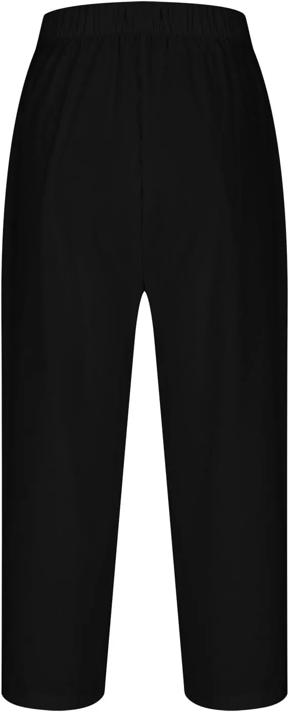 Cotton Linen Capri Pants Women 3/4 Length Leggings Elastic Waistband Cropped Trousers Ladies Straight Leg Pant