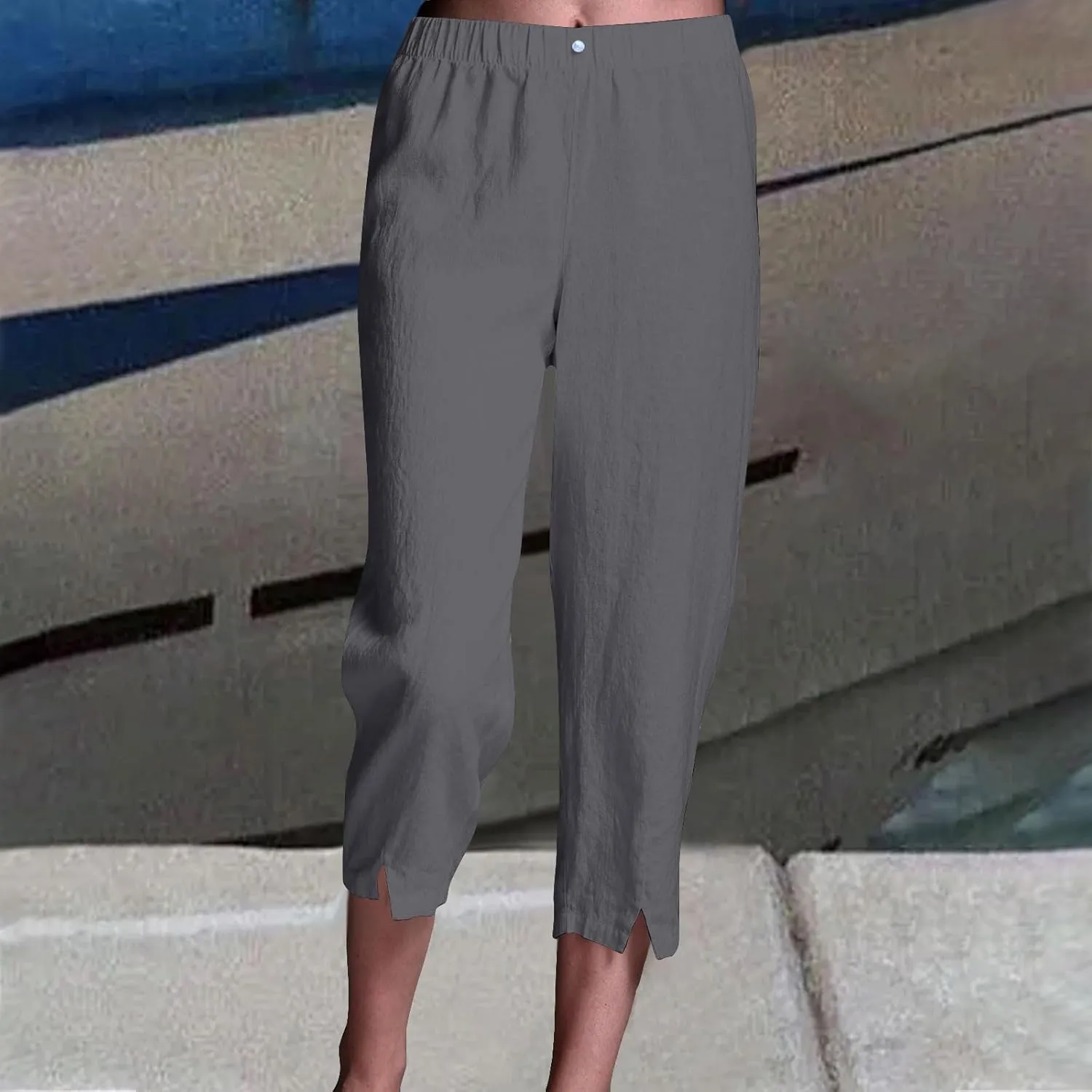 Cotton Linen Capri Pants Women 3/4 Length Leggings Elastic Waistband Cropped Trousers Ladies Straight Leg Pant