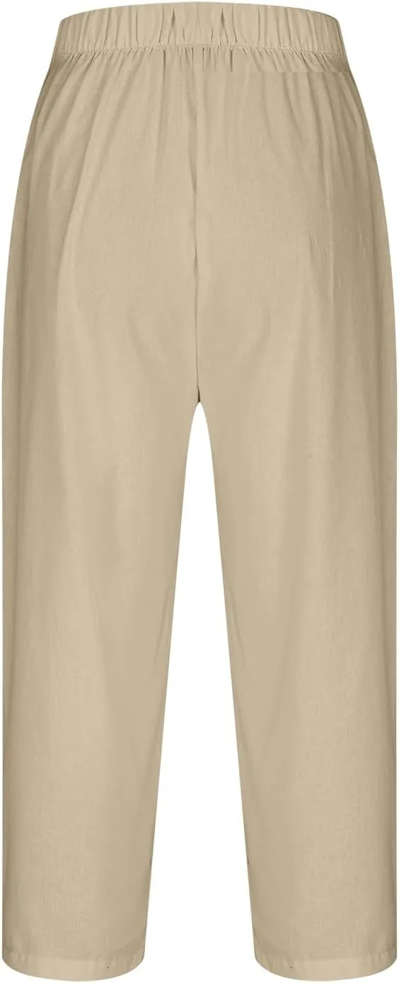 Cotton Linen Capri Pants Women 3/4 Length Leggings Elastic Waistband Cropped Trousers Ladies Straight Leg Pant