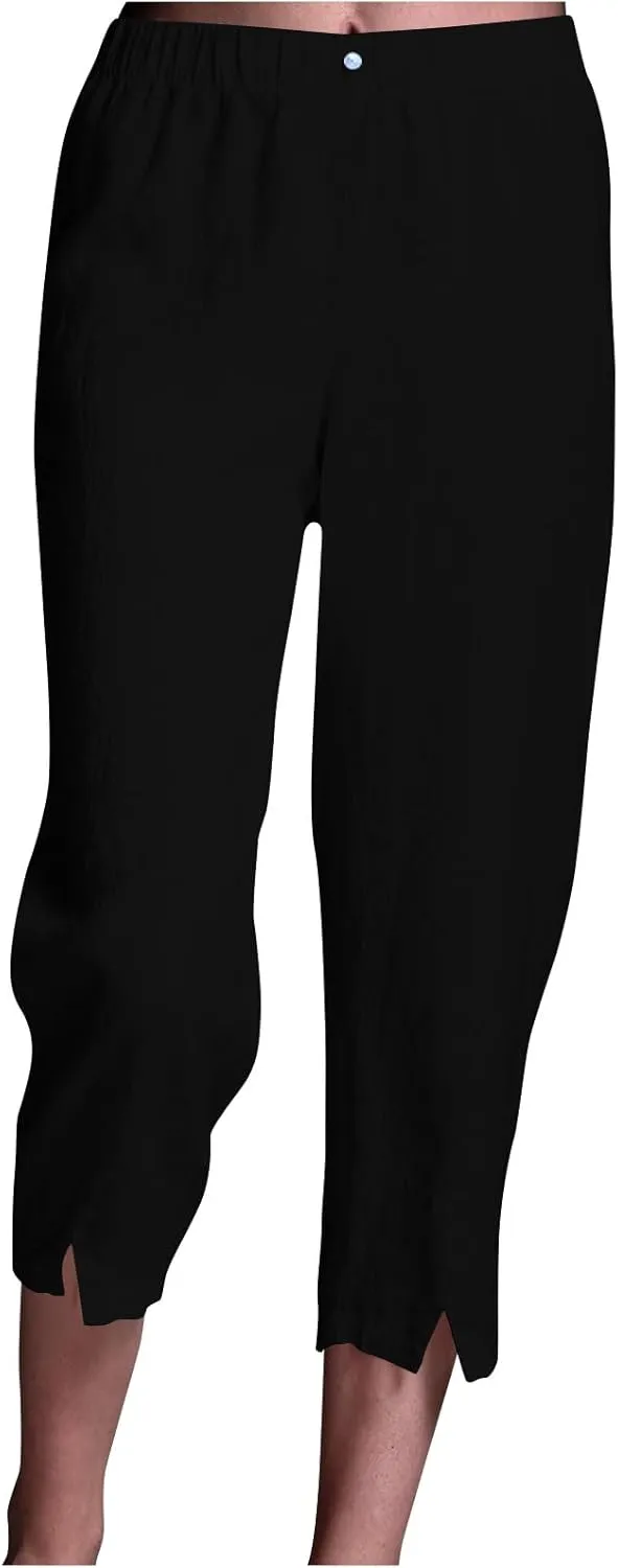 Cotton Linen Capri Pants Women 3/4 Length Leggings Elastic Waistband Cropped Trousers Ladies Straight Leg Pant