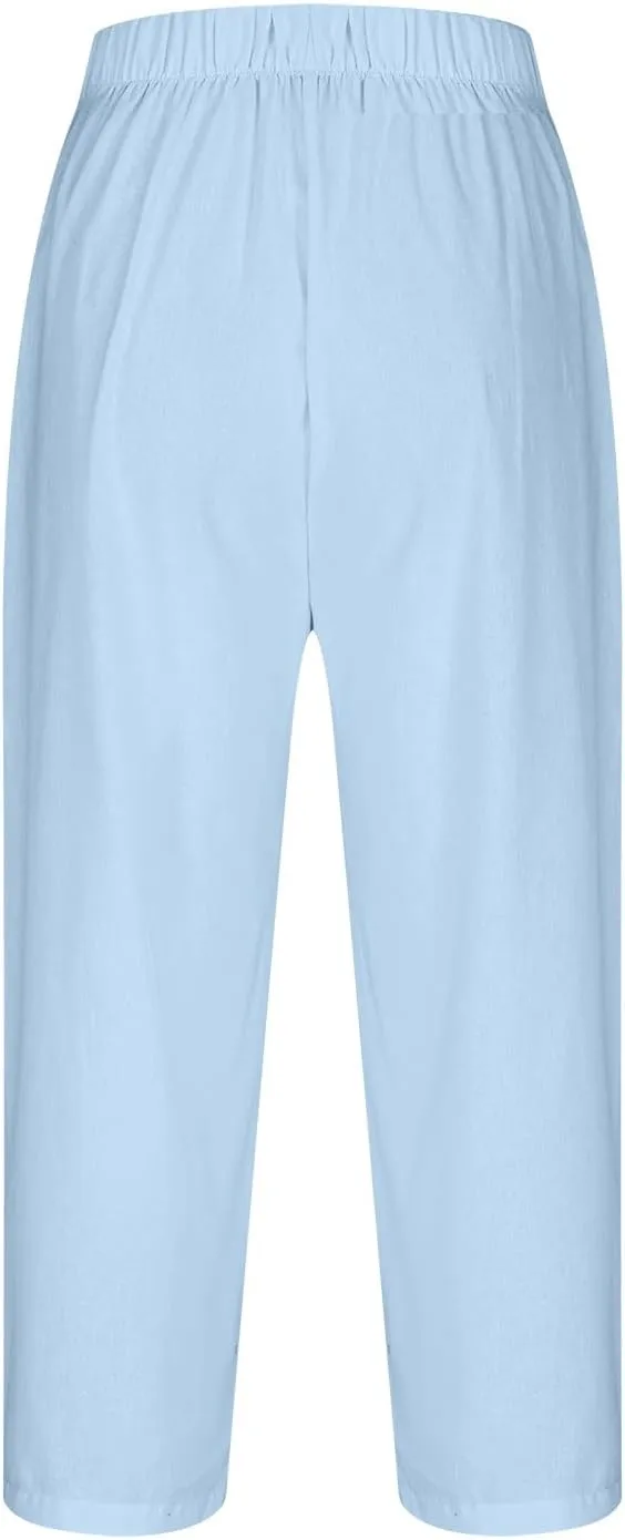 Cotton Linen Capri Pants Women 3/4 Length Leggings Elastic Waistband Cropped Trousers Ladies Straight Leg Pant