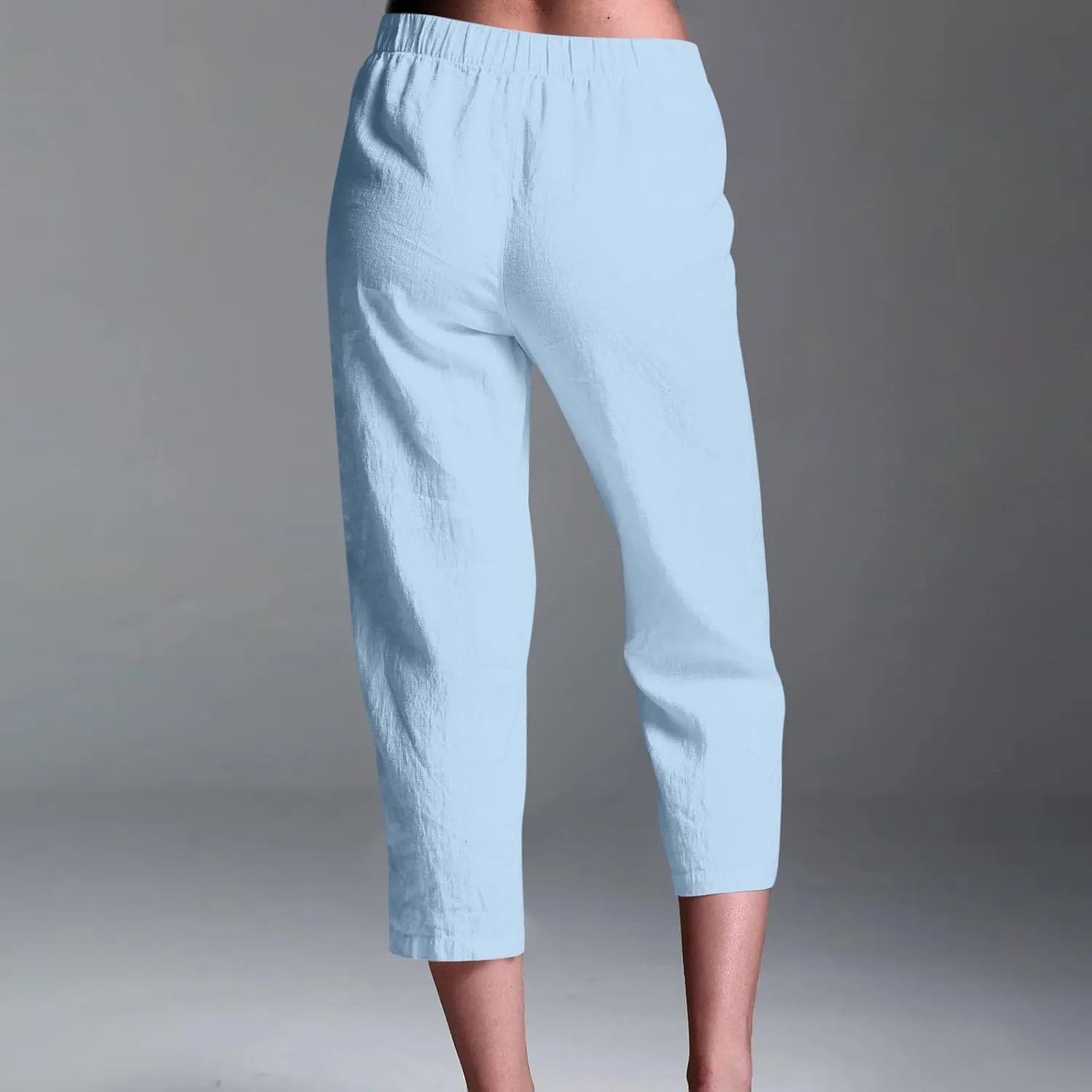 Cotton Linen Capri Pants Women 3/4 Length Leggings Elastic Waistband Cropped Trousers Ladies Straight Leg Pant