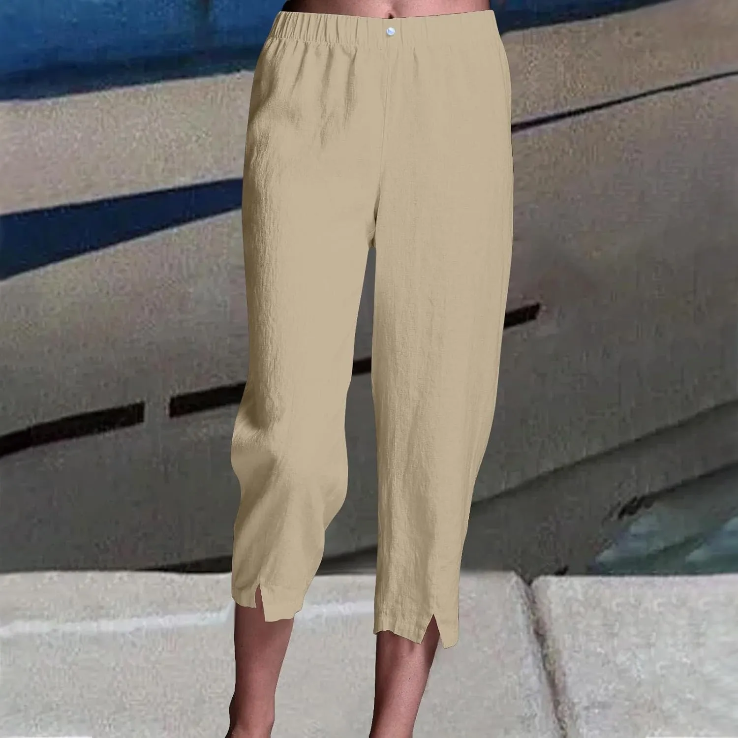 Cotton Linen Capri Pants Women 3/4 Length Leggings Elastic Waistband Cropped Trousers Ladies Straight Leg Pant