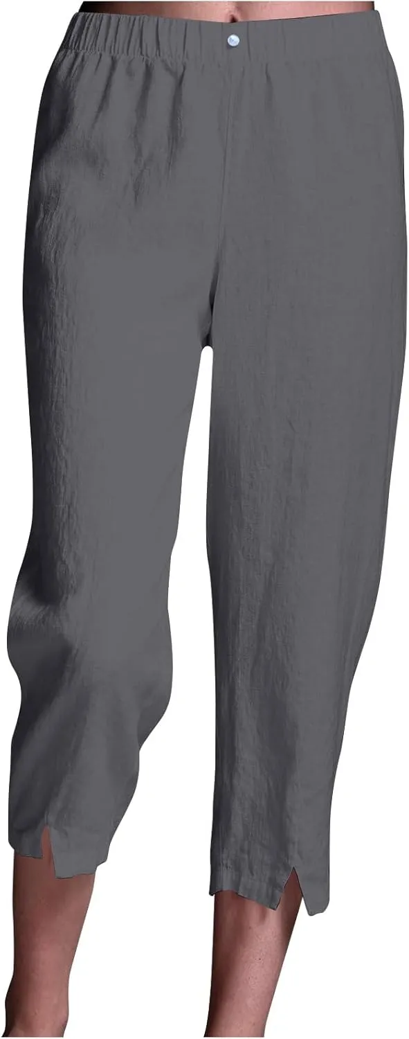 Cotton Linen Capri Pants Women 3/4 Length Leggings Elastic Waistband Cropped Trousers Ladies Straight Leg Pant