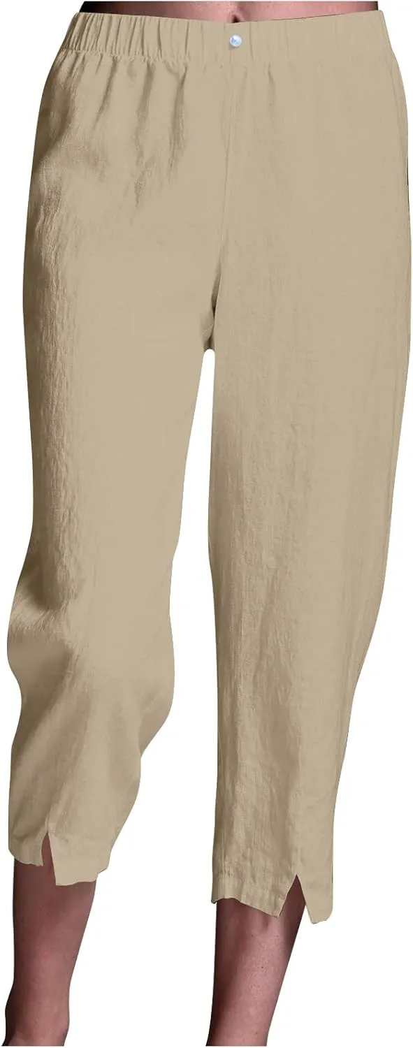 Cotton Linen Capri Pants Women 3/4 Length Leggings Elastic Waistband Cropped Trousers Ladies Straight Leg Pant