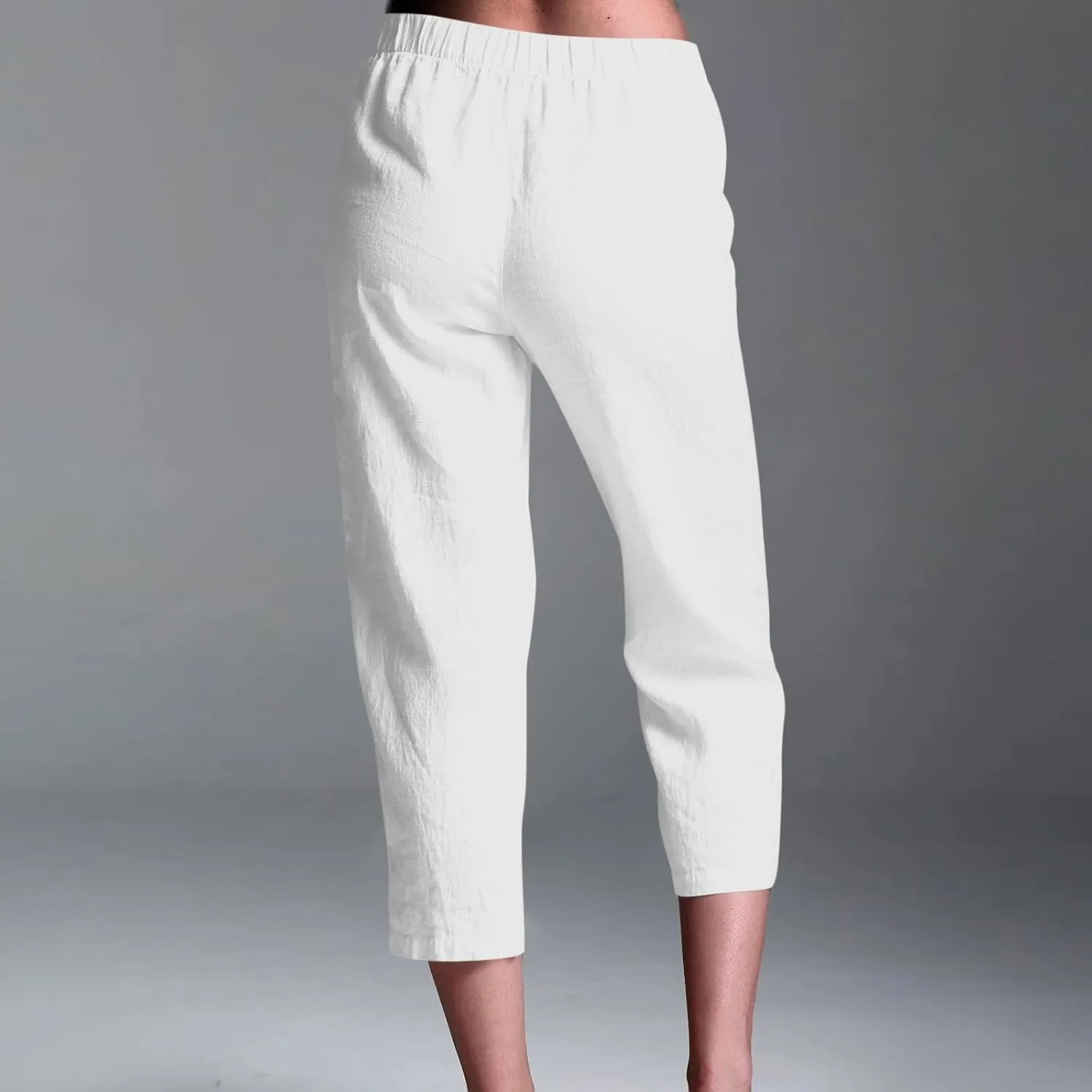 Cotton Linen Capri Pants Women 3/4 Length Leggings Elastic Waistband Cropped Trousers Ladies Straight Leg Pant